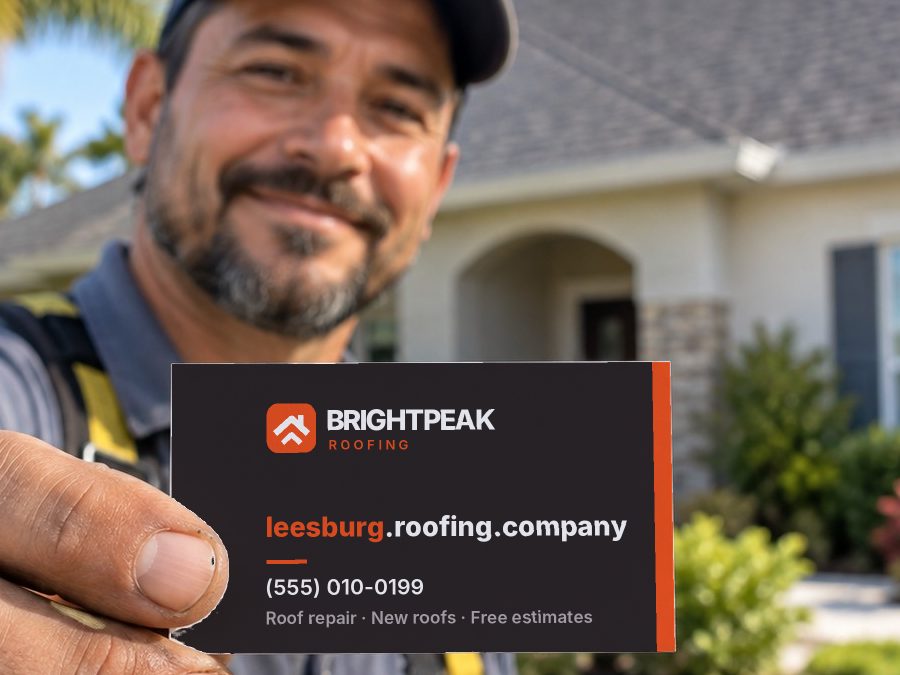 leesburg.roofing.company on a roofer's business card