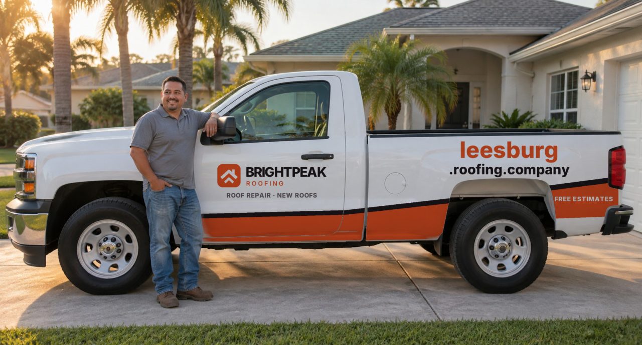 leesburg.roofing.company painted on the side of a white work truck